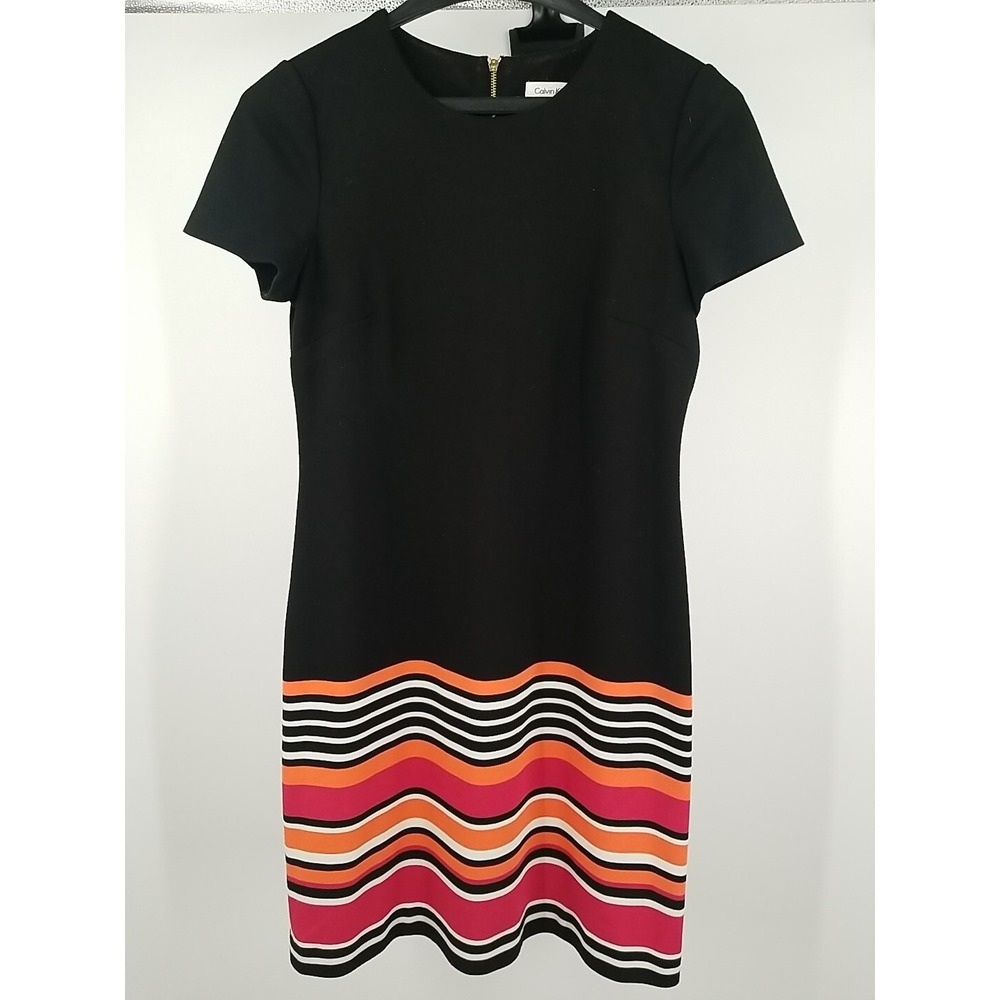 Calvin Klein Dress Shift Black‎ Striped Short Sleeve Round Neck Size 2